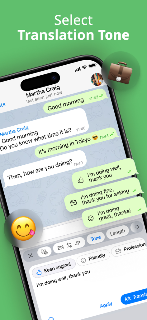 Translator Keyboard - Language - Translator keyboard interface with buttons for friendly and professional translation tones in a messaging app