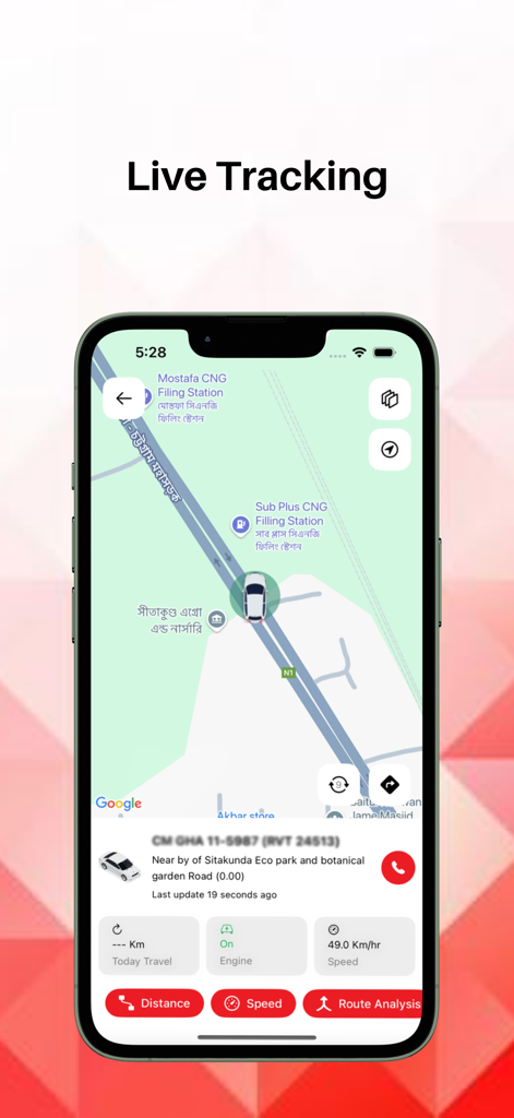 Robi Vehicle Tracker - RVT - Robi Vehicle Tracker app interface showing live GPS vehicle tracking on a map with real time speed and engine status