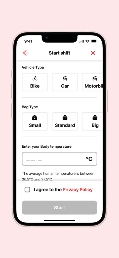 efood rider - Pantalla de inicio de turno para la app efood rider con selección de vehículo y bolsa