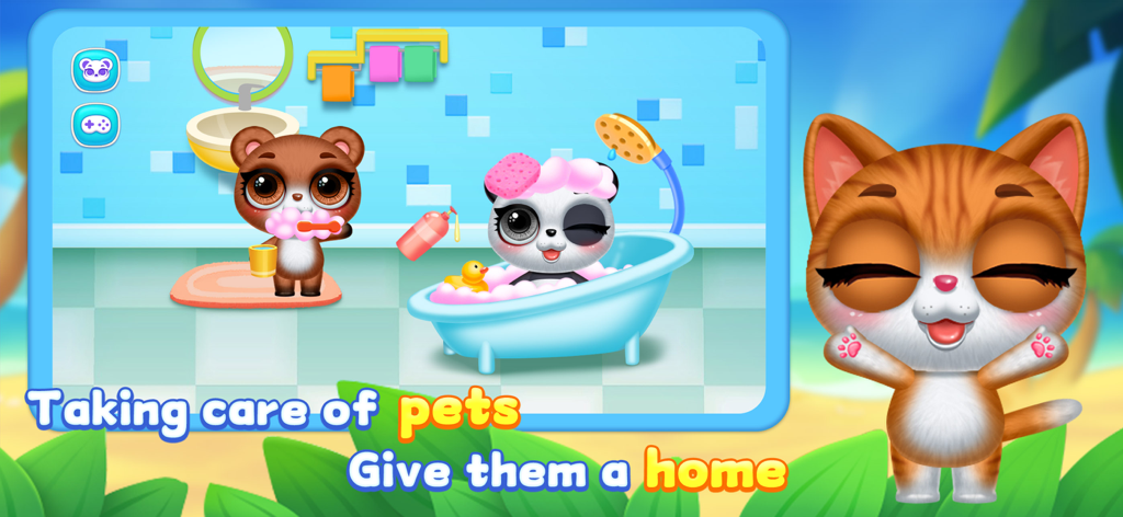 Cute Pets Dream Paradise - 가상 펫 게임에서 거품 목욕을 하는 팬더와 양치질하는 곰