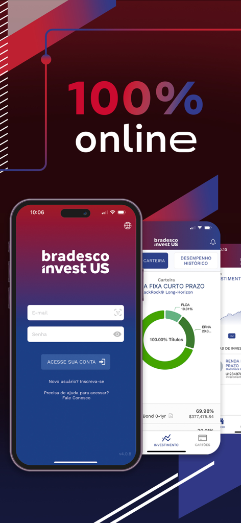 Bradesco Invest US - Bradesco Invest US mobile app interface showing login screen and investment portfolio dashboard