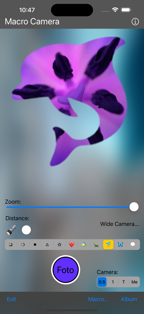 Macro-Camera - Interfaz de usuario de la aplicación Macro Camera con una máscara de foto con forma de delfín y controles de ajuste de la cámara