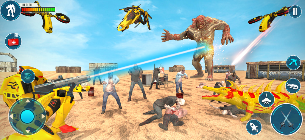 Crocodile Robot War Fighter - A yellow robot shooting a blue laser at a giant monster and enemies in a desert environment.