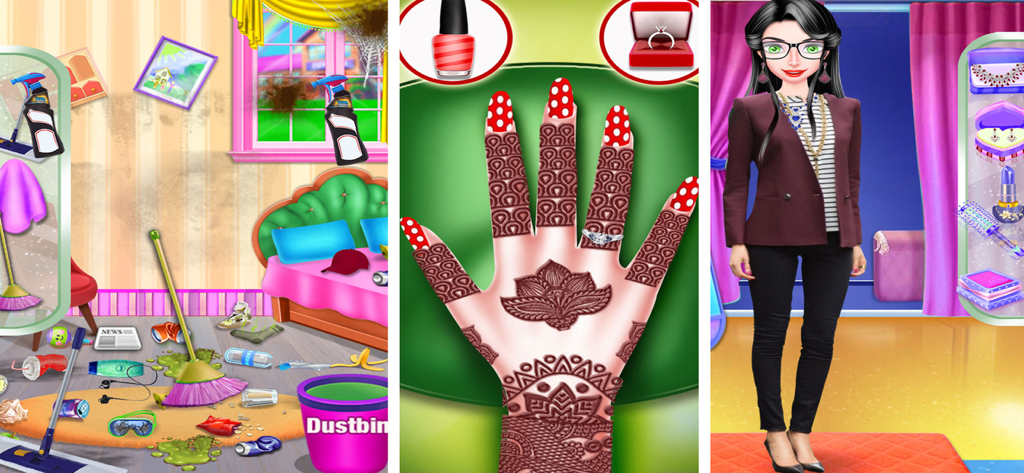 Crazy Mad Teacher Science Game - A collage showing bedroom cleaning, henna hand decoration, and teacher character dress up.