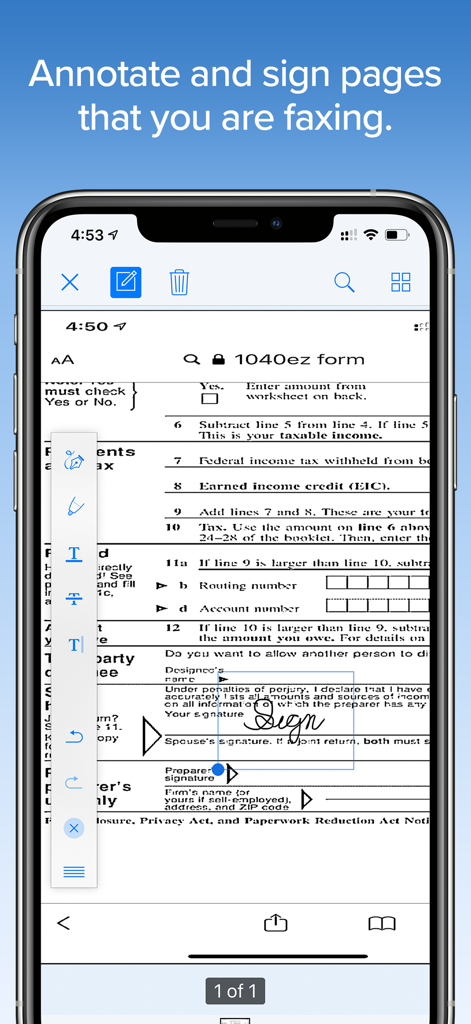 iPhone screen showing a tax form being signed and annotated within the Fax Burner app.