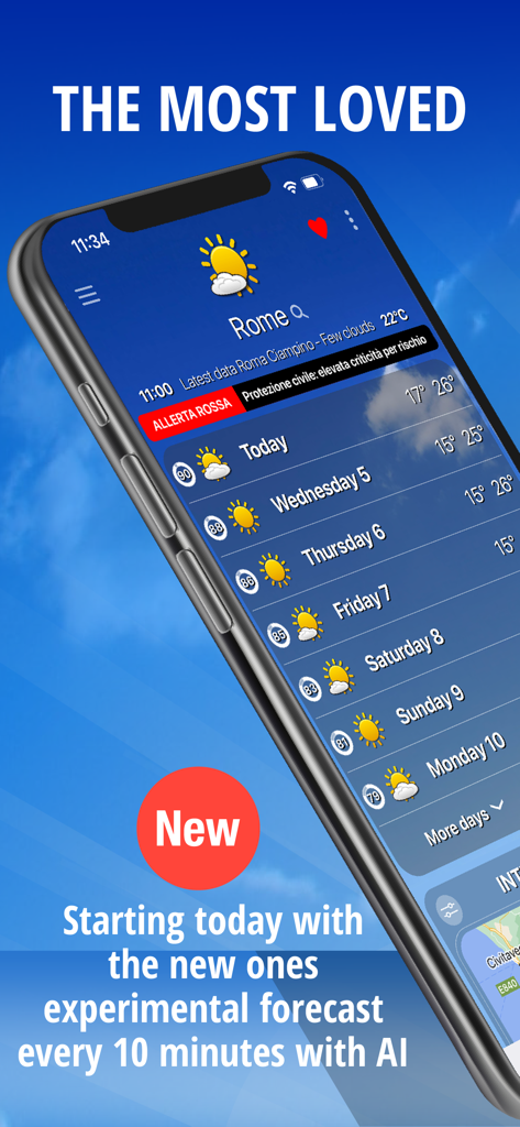 App meteo Meteo Plus che mostra le previsioni per Roma e una notifica di allerta rossa