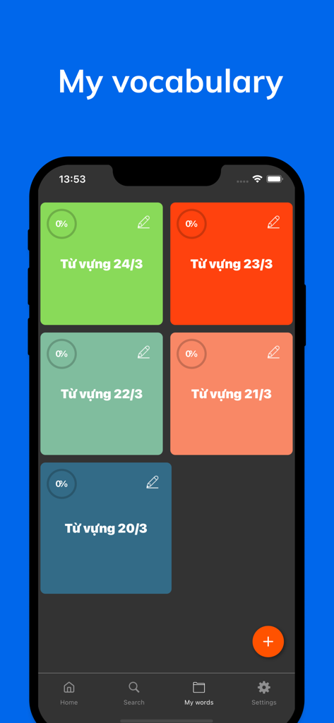 3000 Core English Vocabulary - My vocabulary screen in English learning app showing personal word lists and study progress.