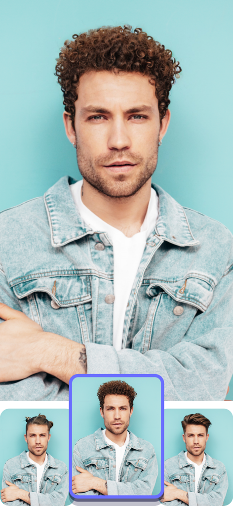 A photo editor interface showing a man trying on different hairstyles and colors