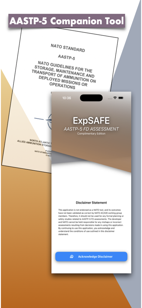 AASTP-5: FD Companion - AASTP-5 FD Companion app splash screen showing the disclaimer and a background of the NATO standard manual for explosives safety