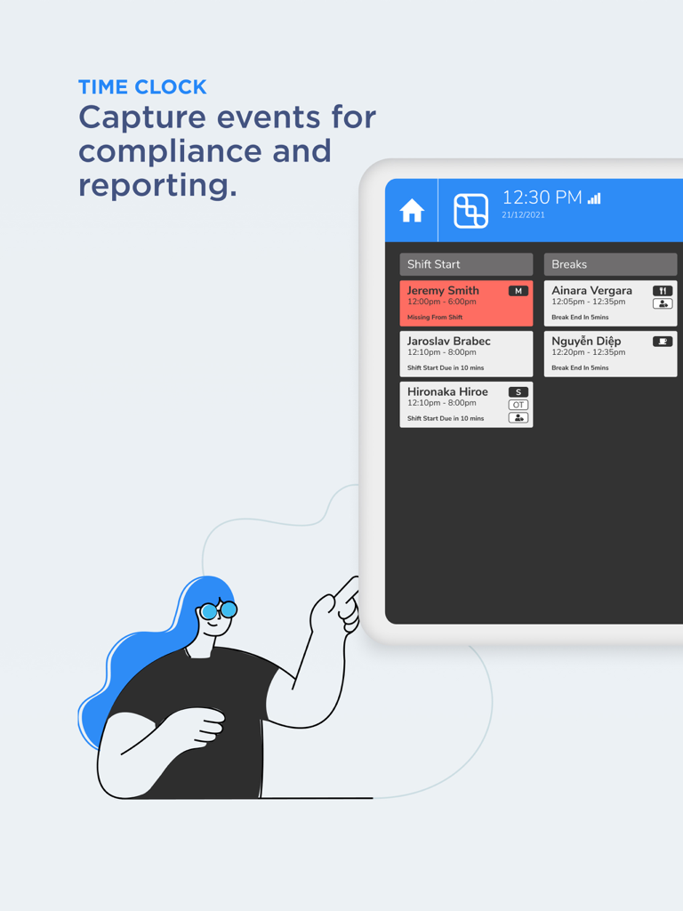 LIFELENZ TimeClock - Um iPad mostrando a interface do LIFELENZ TimeClock com inícios de turno de funcionários em tempo real e intervalos para relatórios e conformidade.