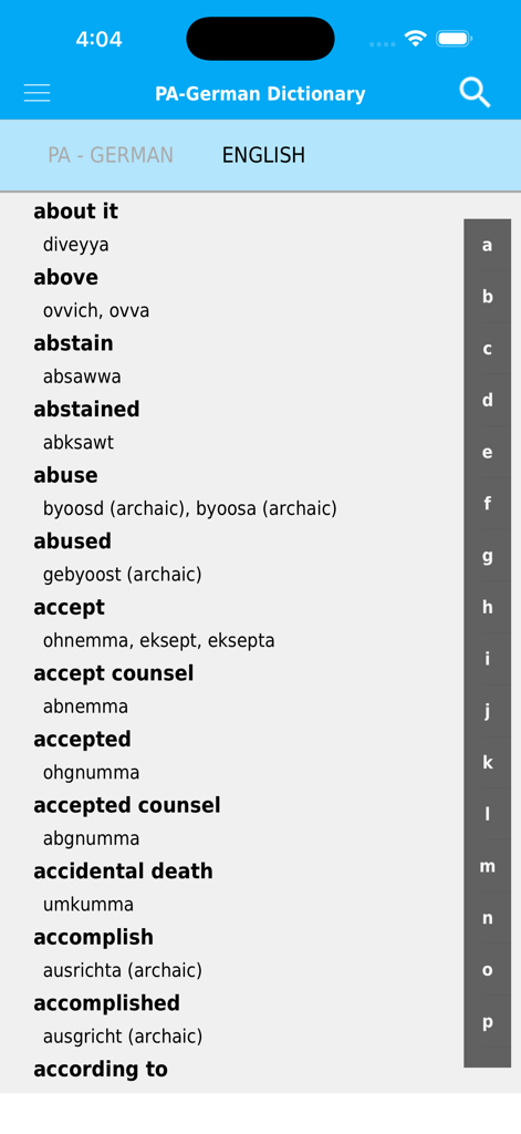 PA-German Dictionary - Liste de mots anglais vers Pennsylvanie German dans l'application Dictionnaire PA-German