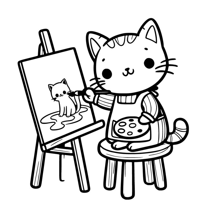 a cat with an artist's smock on sitting on a wooden stool and painting a picture