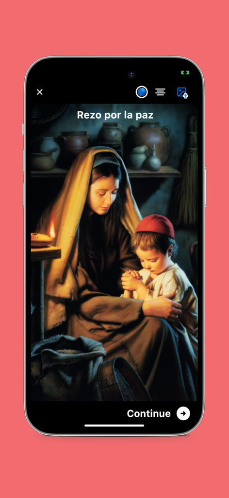 Illustration of a woman and child praying with the Spanish text Rezo por la paz