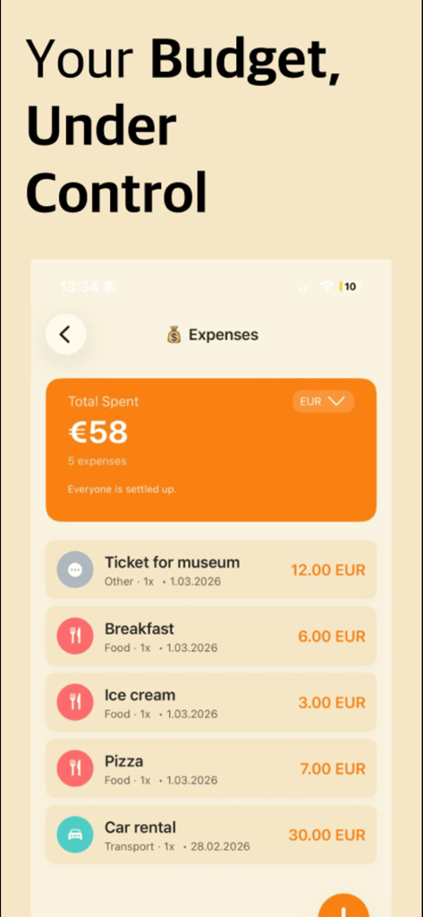 총 지출액과 음식 및 티켓과 같은 개별 지출 항목이 있는 여행 예산 추적기를 보여주는 모바일 화면