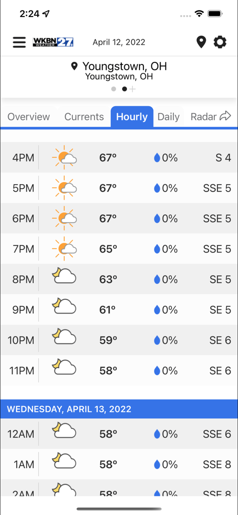 WKBN 27 Weather - Youngstown - Hourly weather forecast screen for Youngstown, OH on the WKBN 27 Weather mobile app