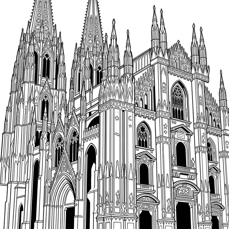 Step into a world of architectural wonder with this stunning Gothic cathedral coloring page. Its intricate details and dramatic spires offer a captivating challenge for adult colorists.