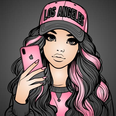 realistic beautiful girl wearing los ángeles cap holding an iphone