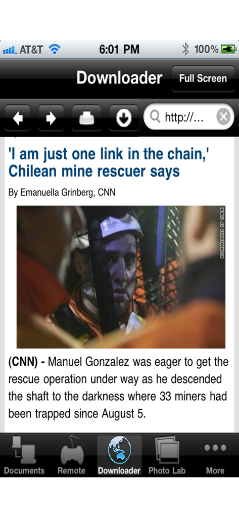 iPhoneでの印刷アプリのダウンローダータブのスクリーンショット。ウェブページが表示されています。