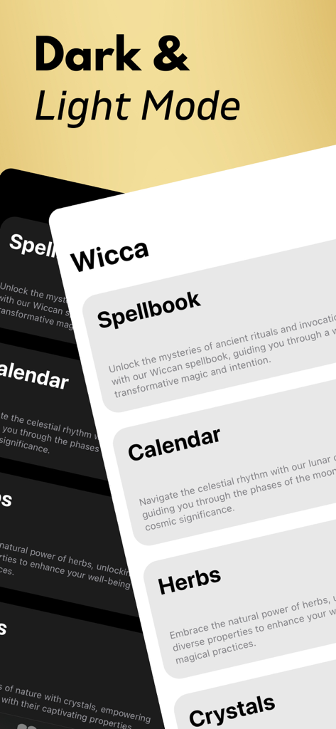 Wicca: Witchcraft & Spells - Wicca witchcraft app interface showcasing dark and light mode options with spellbook and calendar features