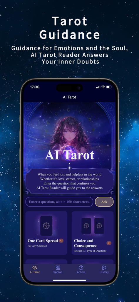 Pantalla de inicio de la aplicación Asistente de Tarot IA que presenta guía de tarot y selecciones de tiradas de cartas