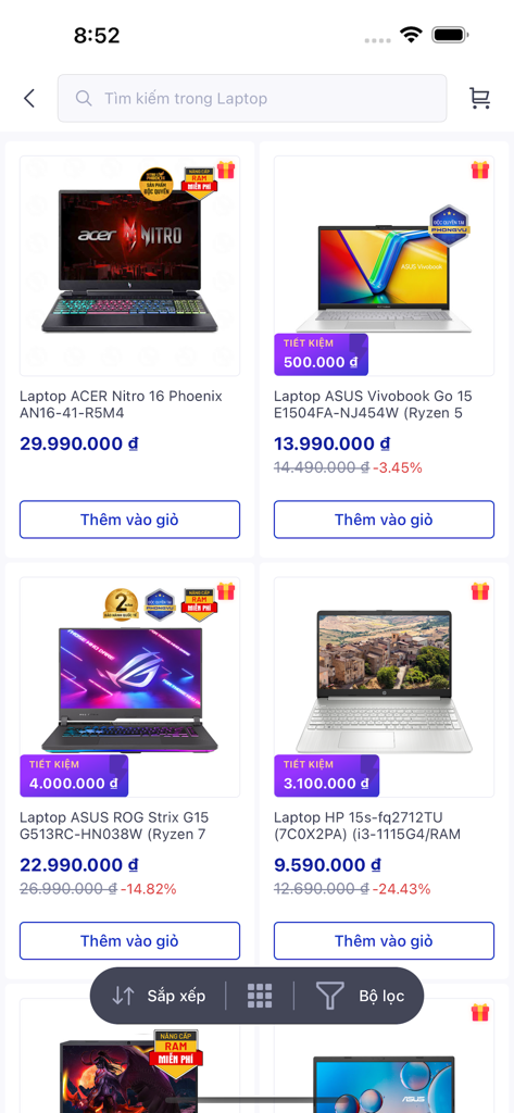 Phong Vu - Phong Vu mobile app product catalog showing various laptops for sale with discount labels and prices in Vietnamese Dong