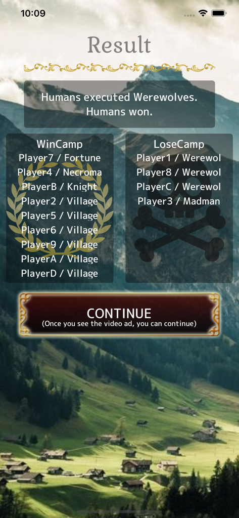Werewolf -In a Cloudy Village- - Result screen of the Werewolf game showing that the humans won and the werewolves lost