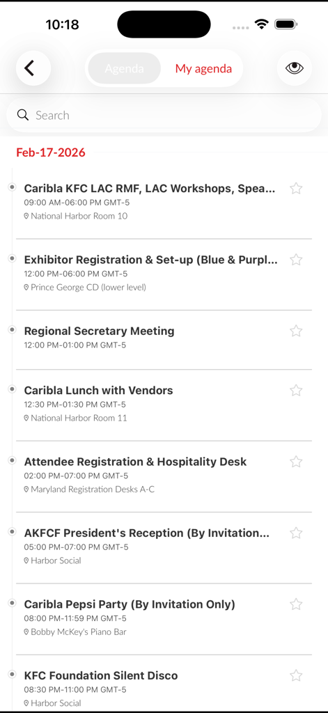 A screenshot of the AKFCF app showing the My Agenda screen with a list of scheduled events for a KFC franchisee convention including workshops and networking sessions