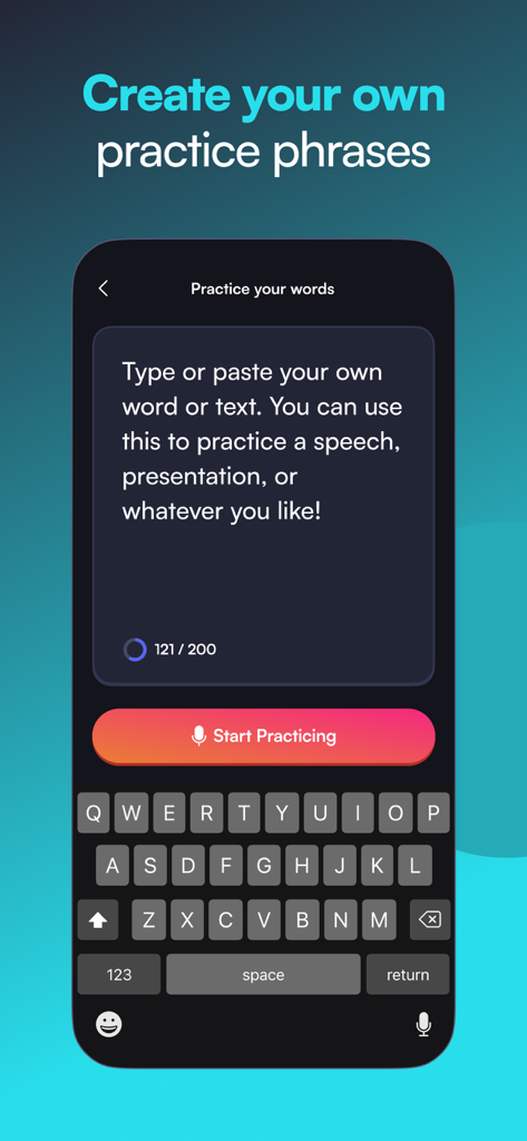 BoldVoice: Accent Training - BoldVoice app interface showing the option to type or paste custom text for pronunciation and speech practice