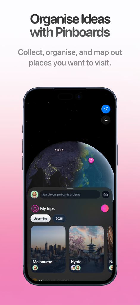 Pogo - Trip Planner - Pogo app interface showing travel pinboards with a 3D globe map and destination cards for Melbourne and Kyoto