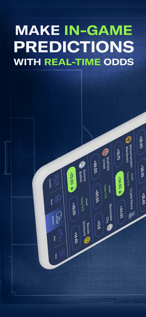 Football Wizard. Predict & Win - Interface do aplicativo Football Wizard exibindo previsões de futebol durante o jogo com odds em tempo real