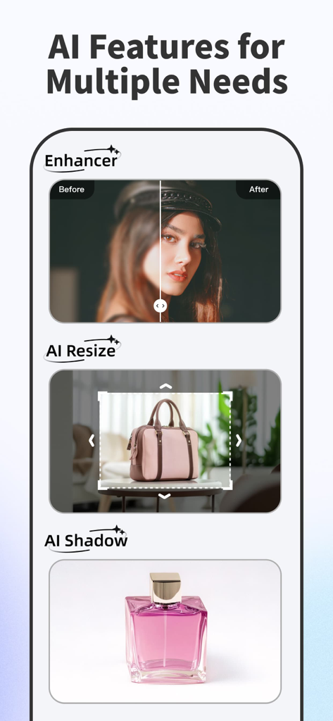 AI Background - Pokecut Studio - Showcase of Pokecut Studio AI features including image enhancer AI resize and AI shadow for product photography
