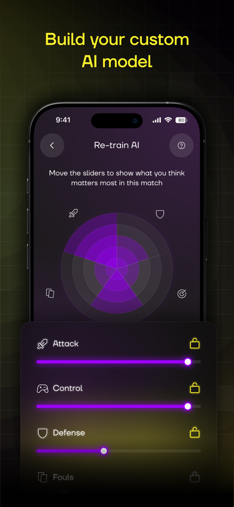 Una interfaz móvil para construir un modelo de IA personalizado en Sports AI Pro con deslizadores para parámetros de control de ataque y defensa