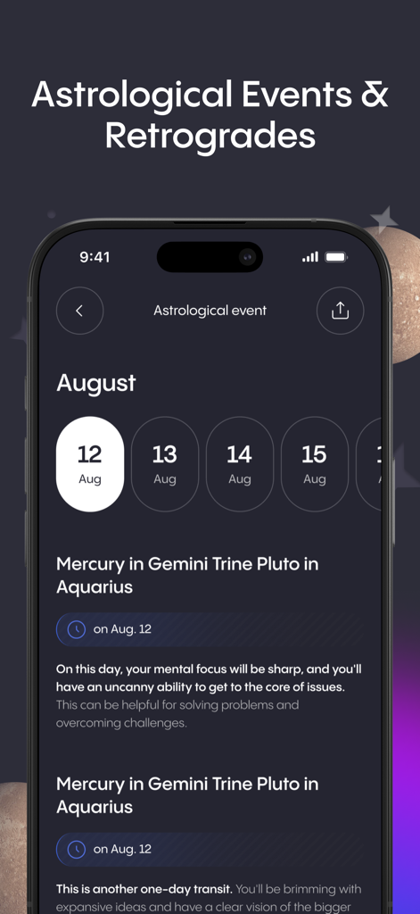 AstroBook: Astrology Insights - AstroBook app screen displaying a calendar of astrological events and retrogrades with details for Mercury in Gemini trine Pluto in Aquarius.