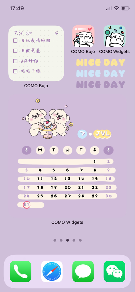 COMO Widgets - Adorable Widget - Lavender aesthetic iPhone home screen with cute dog calendar and checklist widgets