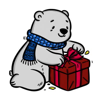 polar bear wrapping a present
