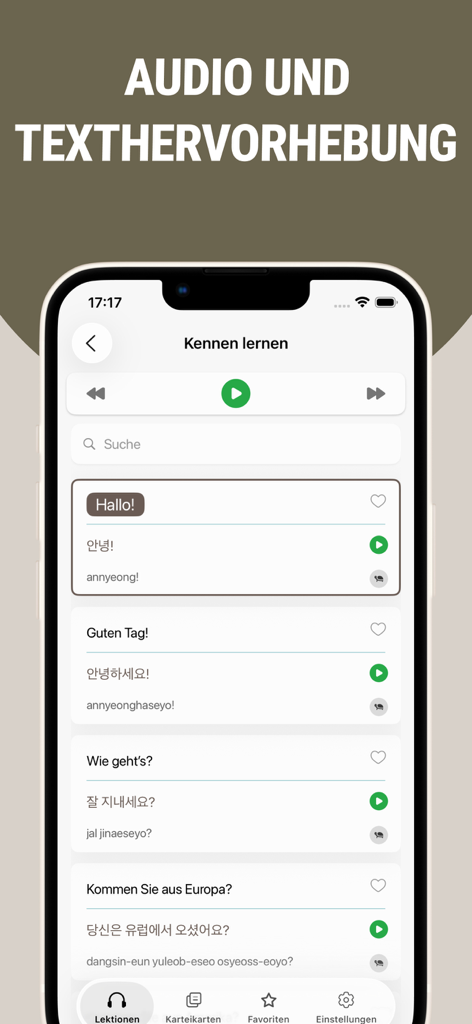 Korean language learning app displaying phrases with Hangul and audio playback controls