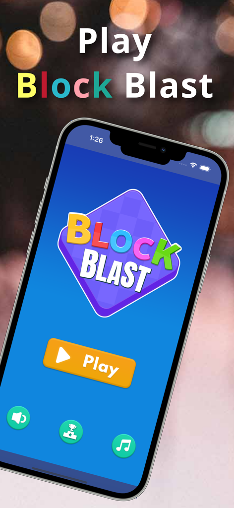 Block Blast: Puzzle Game - Pantalla de inicio de la aplicación del juego de puzles Block Blast con un gran botón de reproducción amarillo