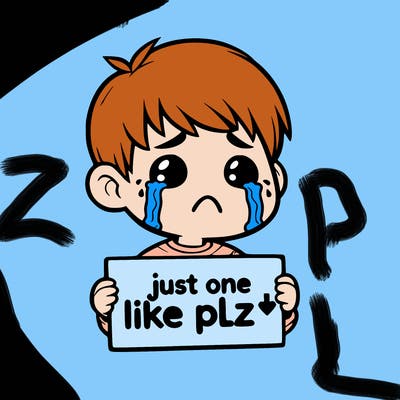 realistic crying boy with a sign saying just one like plz