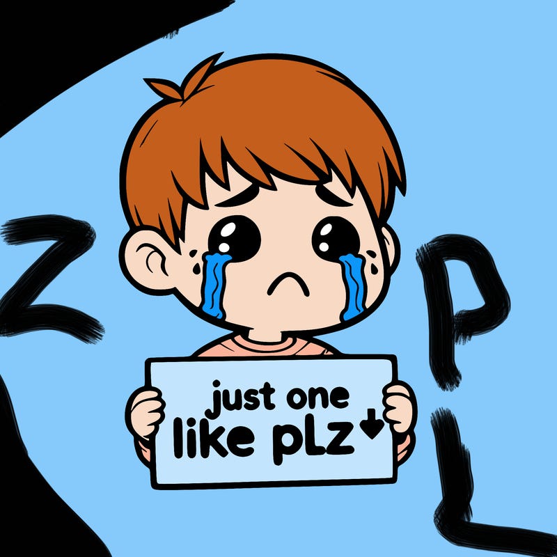 realistic crying boy with a sign saying just one like plz