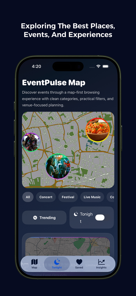 Pulse Planet - Interfaz de la aplicación Pulse Planet mostrando eventos locales en un mapa interactivo con filtros para conciertos y festivales