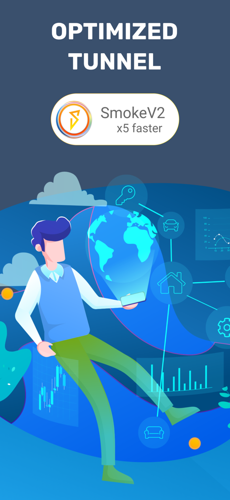 B VPN app interface highlighting the optimized SmokeV2 tunnel for faster global connectivity.