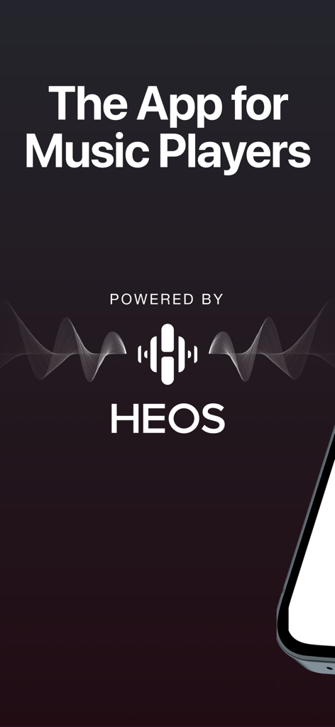 HEOS App-Einführungsbildschirm mit dem Slogan Die App für Musikplayer und dem HEOS-Logo