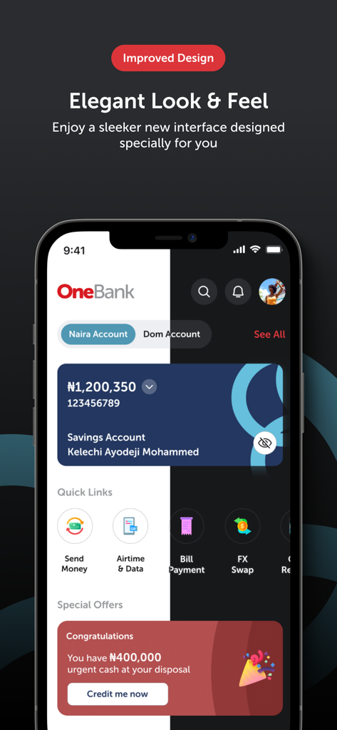 Sterling OneBank mobile app dashboard showing Naira account balance and quick access to financial services like FX swap and bill payments