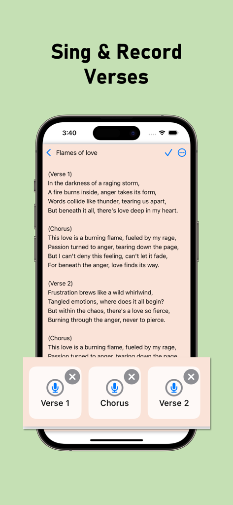 Interfaz de aplicación móvil que muestra letras de canciones con botones de grabación de voz integrados para diferentes secciones de la canción