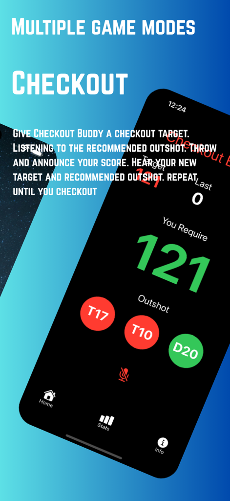 Checkout Buddy - Interface of the Checkout Buddy darts app showing the voice-guided checkout mode with suggested targets for a score of 121