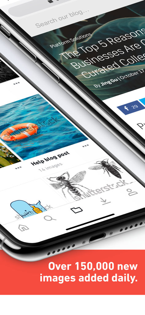 Shutterstock - Stock Photos - Shutterstock-Mobil-App mit kuratierten Stockfoto-Sammlungen und Blogbeiträgen mit einem Banner, das besagt, dass täglich 150.000 neue Bilder hinzugefügt werden.