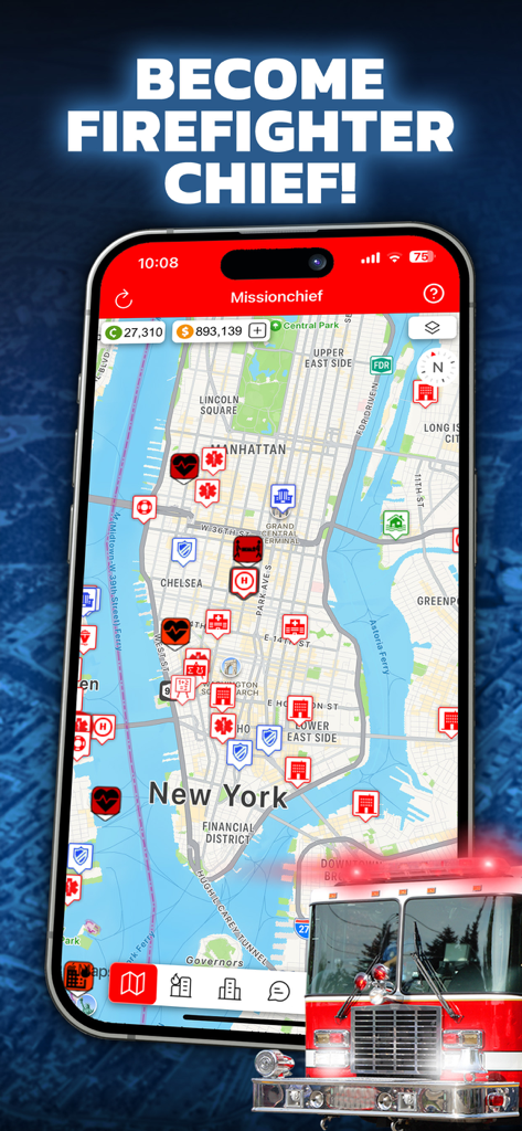 Mission Chief Fire Fighter 911 - Mission Chief Fire Fighter 911 gameplay showing emergency stations on a New York City map