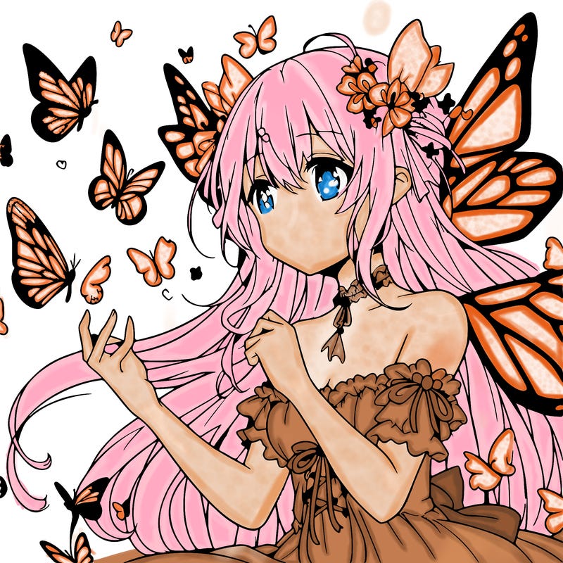 anime girl with butterfly wings surrounded by butterflies