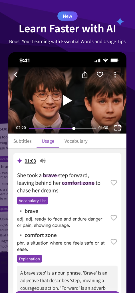 VoiceTube - Learn English - VoiceTube app showing AI-powered English usage tips and vocabulary analysis while watching a movie scene.