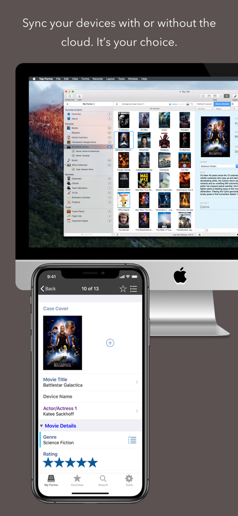 Tap Forms Organizer 5 Database - La aplicación Tap Forms 5 mostrando una biblioteca de películas sincronizada entre un Mac y un iPhone